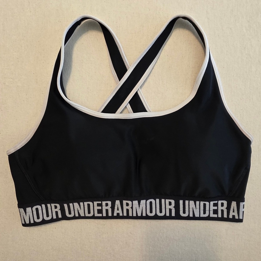 Under Armour Women Black Wordmark Mid Keyhole Crossback Sports Bra Small 1310665